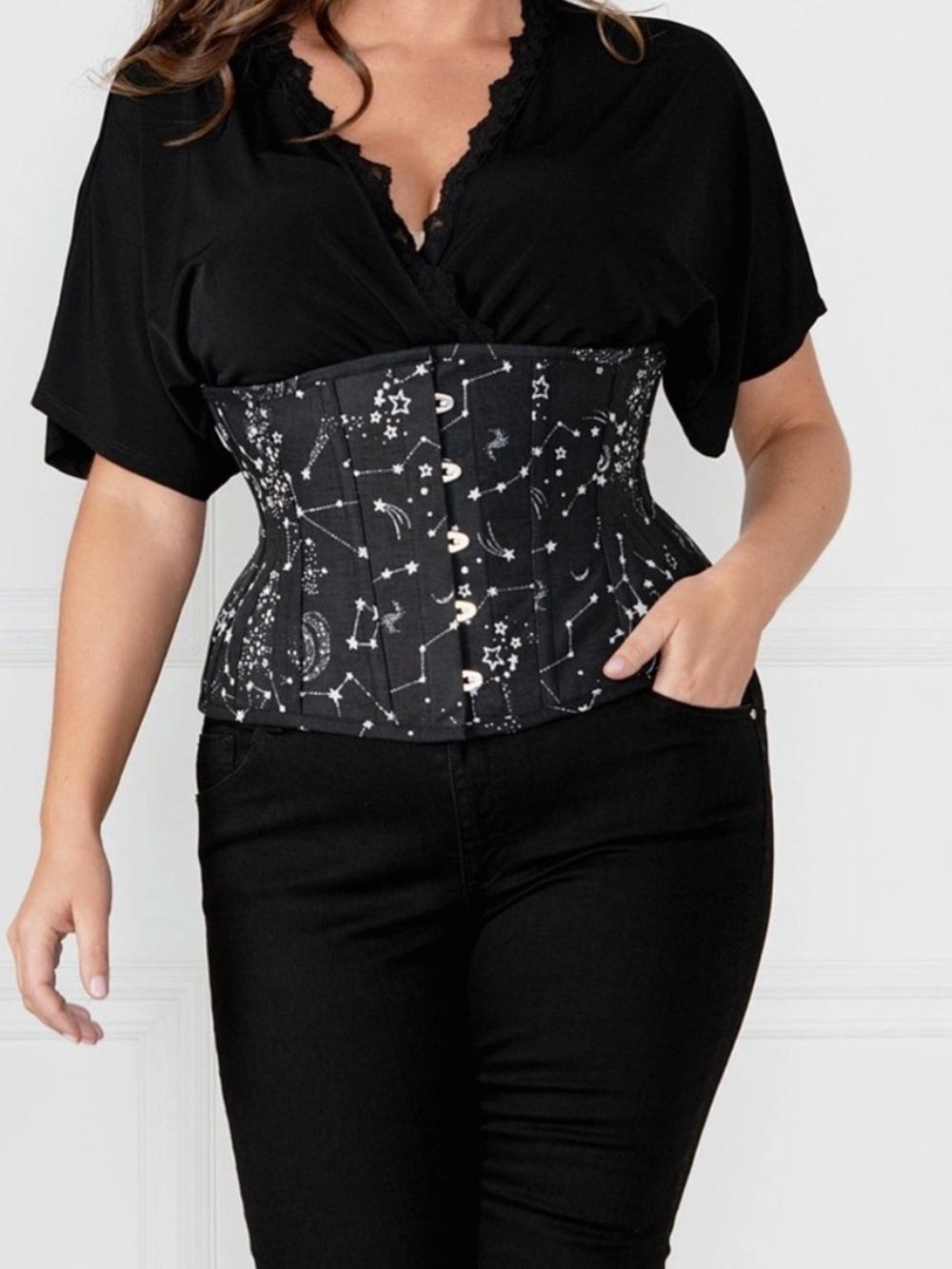 Corset Story Black Astronomy Print Corset Size 40” Constellations Stars
